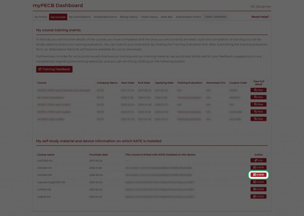 unlink from myPECB Dashboard